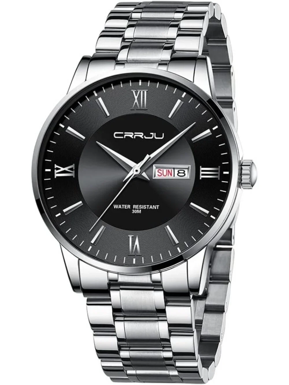 Men's Silver Black Luxury Stainless Steel Chronograph Analog Quartz Round Watch